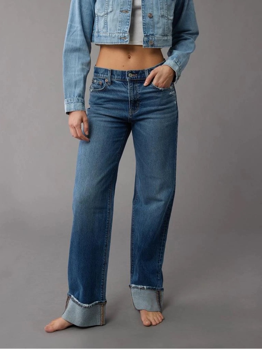 Women’s AE Stretch High-Waisted Stovepipe Cuffed Jean Size 6 Short